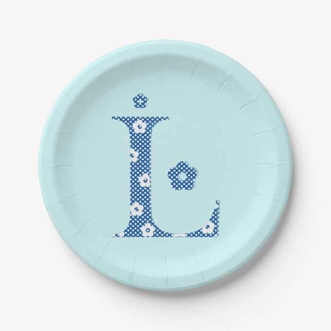 Flower Pattern Letter L(blue) Paper Plate (Front)