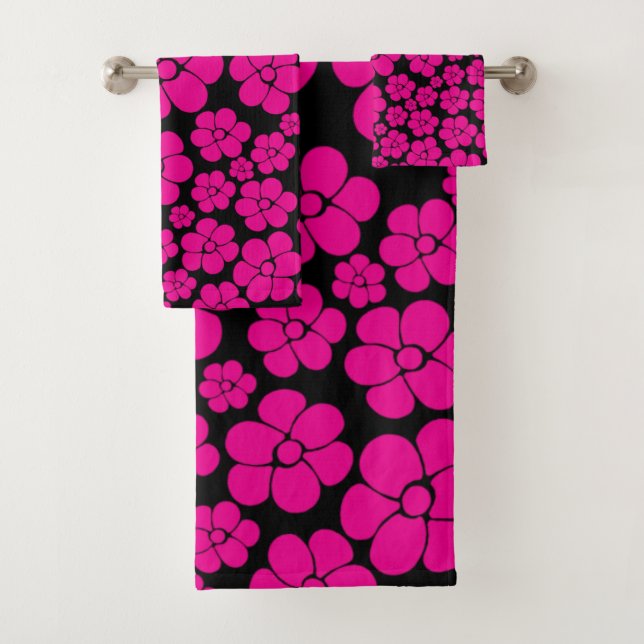 Flower Pattern - Magenta and Black Bath Towel Set (Insitu)