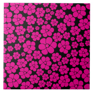 Flower Pattern - Magenta and Black Ceramic Tile