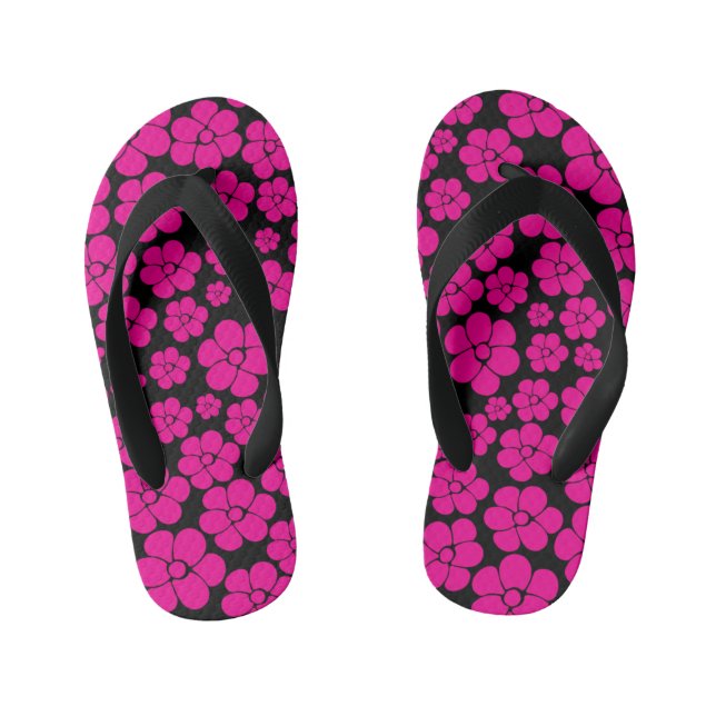 Flower Pattern - Magenta and Black  Kid's Thongs (Footbed)