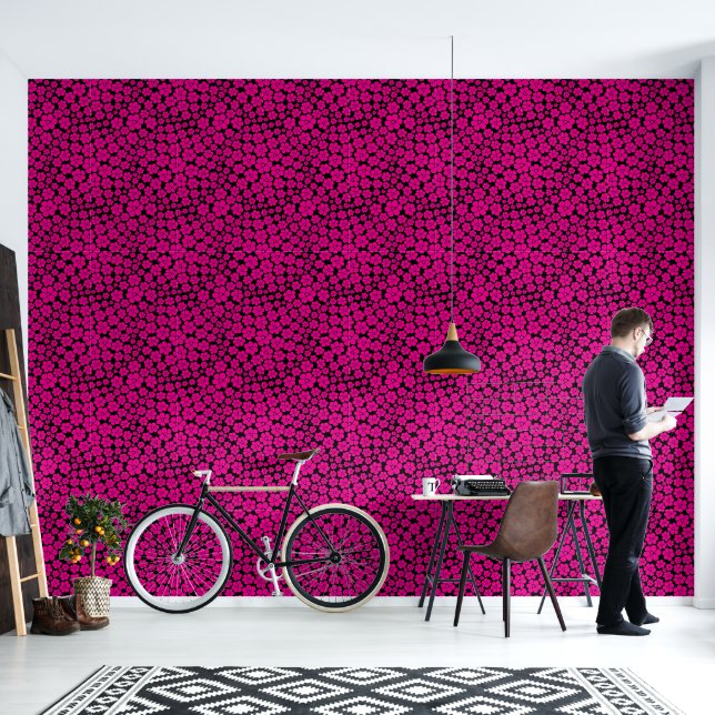 Flower Pattern - Magenta and Black  Wallpaper (Living Room)
