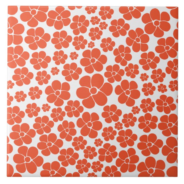 Flower Pattern - Orange and White Ceramic Tile (Front)