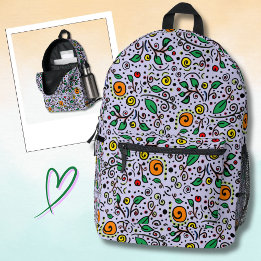 Flower Pattern orange Swirl Berry on Lilac -  Printed Backpack
