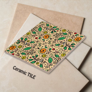 Flower Pattern orange Swirl Berry on Orange - Ceramic Tile