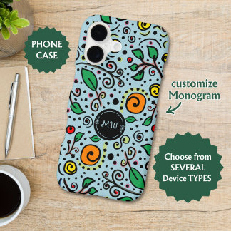 Flower Pattern orange Swirl Berry on Teal - 