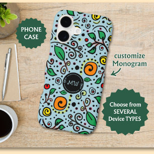 Flower Pattern orange Swirl Berry on Teal - 