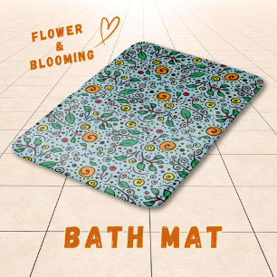 Flower Pattern orange Swirl Berry on Teal -  Bath Mat