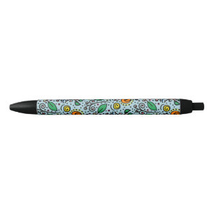 Flower Pattern orange Swirl Berry on Teal -  Black Ink Pen