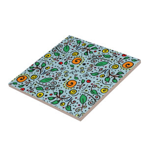 Flower Pattern orange Swirl Berry on Teal -  Ceramic Tile