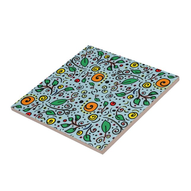 Flower Pattern orange Swirl Berry on Teal -  Ceramic Tile (Side)