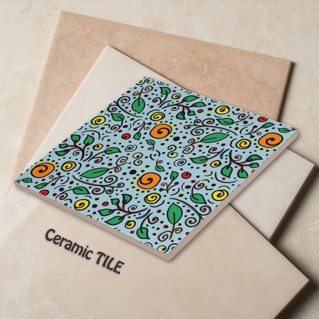 Flower Pattern orange Swirl Berry on Teal -  Ceramic Tile (Creator Uploaded)