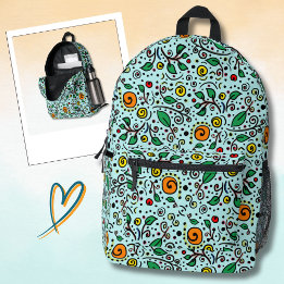 Flower Pattern orange Swirl Berry on Turquoise -  Printed Backpack