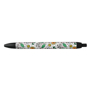 Flower Pattern orange Swirl Berry on White Black Ink Pen