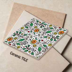 Flower Pattern orange Swirl Berry on White - Ceramic Tile