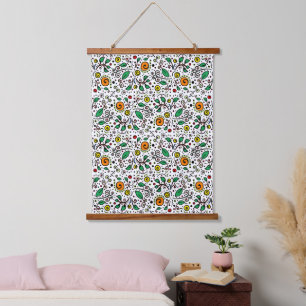Flower Pattern orange Swirl Berry on White - Hanging Tapestry