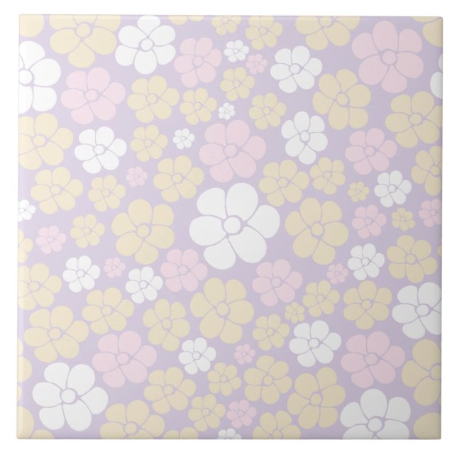 Flower Pattern - Pastel Pink, Yellow and Purple Ceramic Tile (Front)