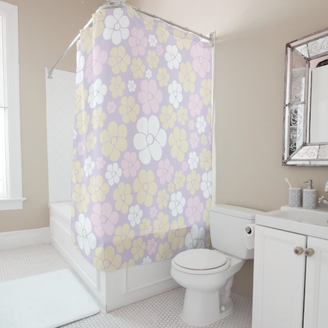 Flower Pattern - Pastel Pink, Yellow and Purple Shower Curtain (In Situ)