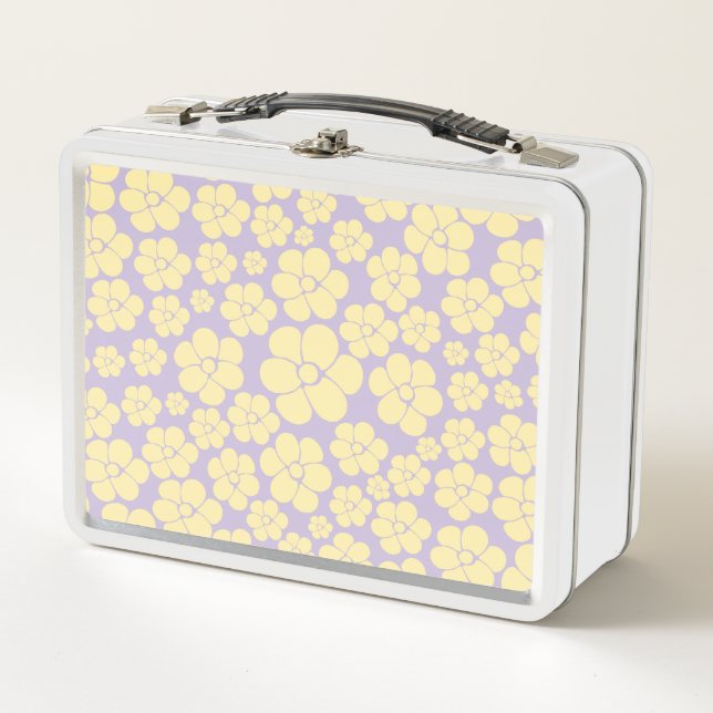 Flower Pattern - Pastel Yellow and Purple Metal Lunch Box (Front)