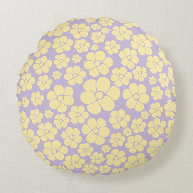 Flower Pattern - Pastel Yellow and Purple Round Cushion (Front)