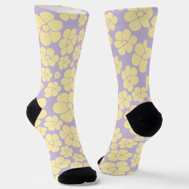 Flower Pattern - Pastel Yellow and Purple Socks (Angled)