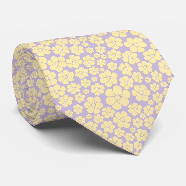 Flower Pattern - Pastel Yellow and Purple  Tie (Rolled)