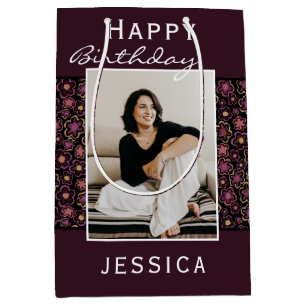 Flower Pattern Photo Happy Birthday Medium Gift Bag