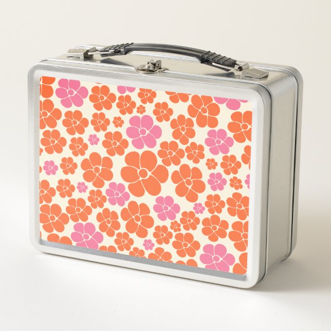 Flower Pattern - Pink, Orange and Cream Metal Lunch Box (Front)