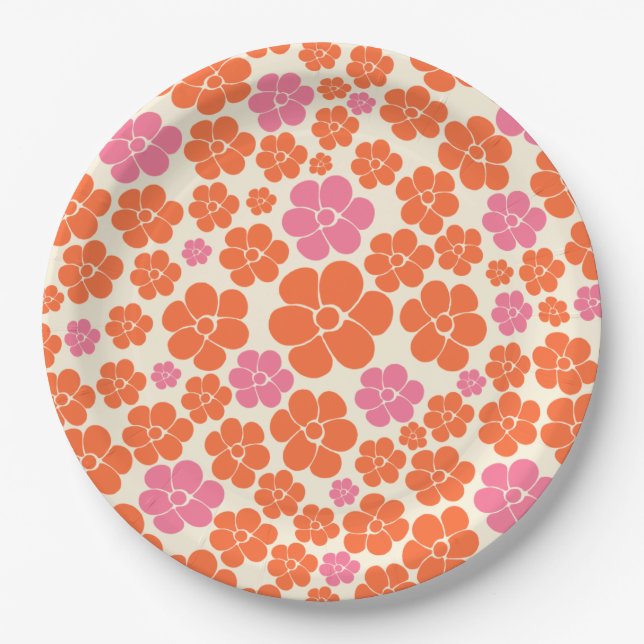 Flower Pattern - Pink, Orange and Cream Paper Plate (Front)