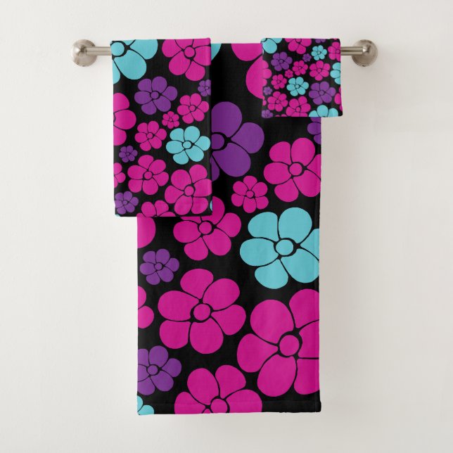 Flower Pattern - Pink, Purple, Blue and Black Bath Towel Set (Insitu)