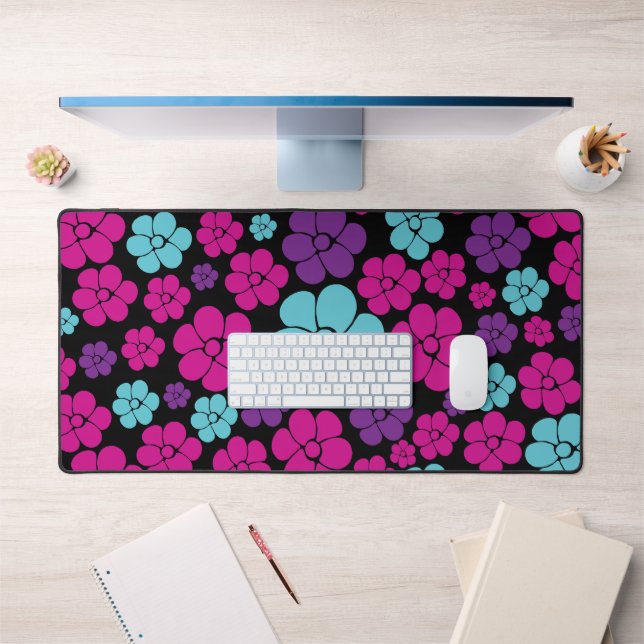Flower Pattern - Pink, Purple, Blue and Black Desk Mat (Office 1)