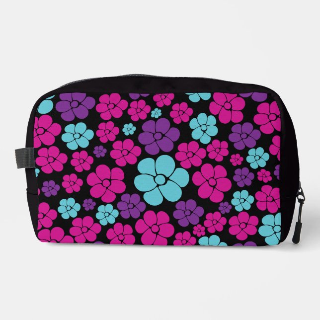 Flower Pattern - Pink, Purple, Blue and Black Dopp Kit (Front)