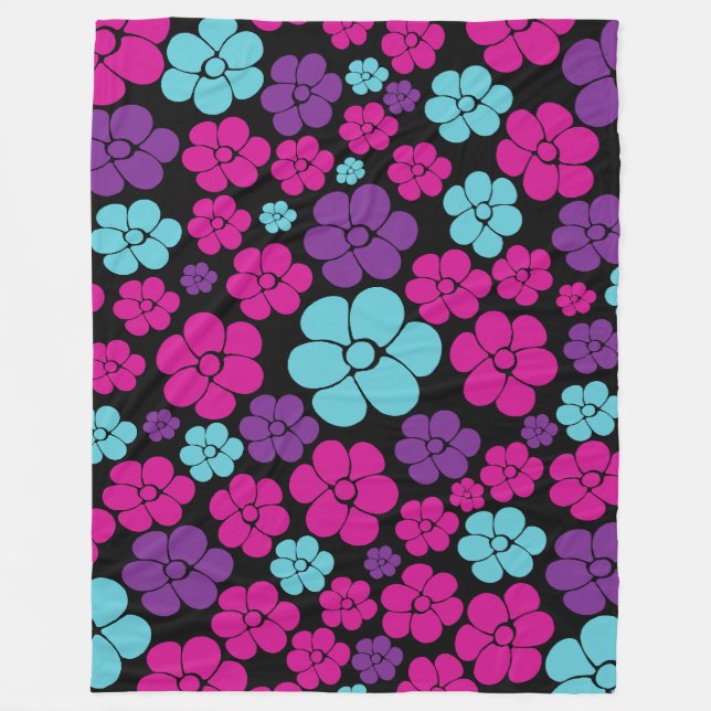 Flower Pattern - Pink, Purple, Blue and Black Fleece Blanket (Front)