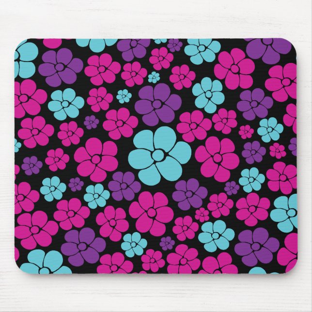 Flower Pattern - Pink, Purple, Blue and Black Mouse Pad (Front)