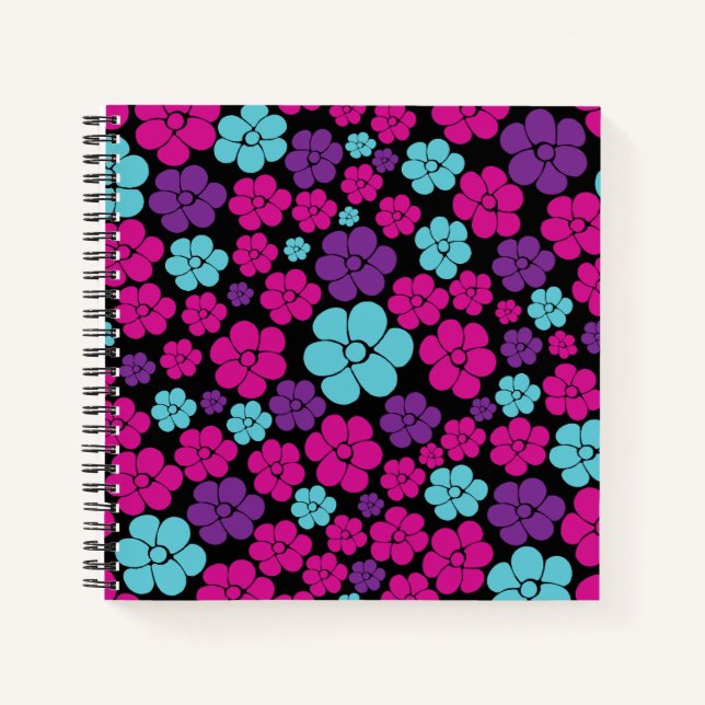 Flower Pattern - Pink, Purple, Blue and Black Notebook (Front)