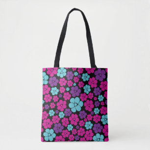Flower Pattern - Pink, Purple, Blue and Black Tote Bag