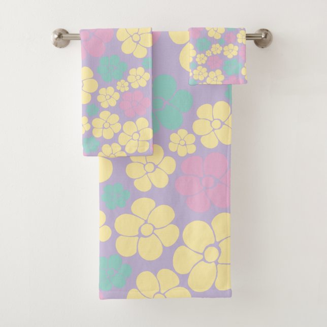 Flower Pattern - Pink, Yellow, Purple and Green Bath Towel Set (Insitu)