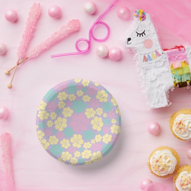 Flower Pattern - Pink, Yellow, Purple and Green Paper Plate (Party)