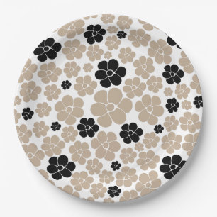 Flower Pattern - Taupe, Black and White Paper Plate