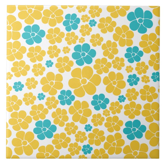 Flower Pattern - Turquoise and Yellow Ceramic Tile (Front)