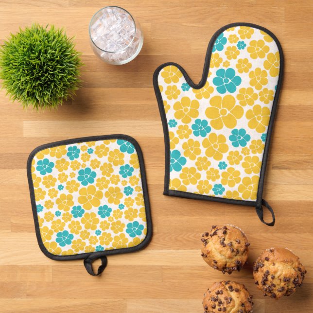 Flower Pattern - Turquoise and Yellow Oven Mitt & Pot Holder Set (Top Down)