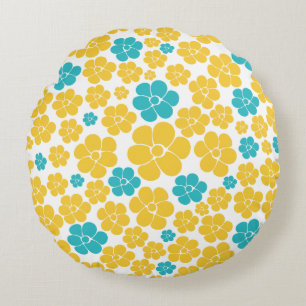 Flower Pattern - Turquoise and Yellow Round Cushion