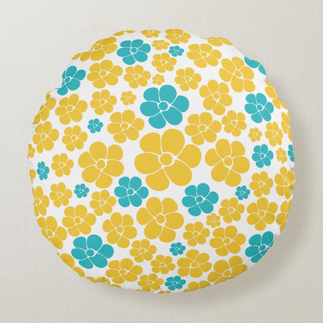Flower Pattern - Turquoise and Yellow Round Cushion (Front)