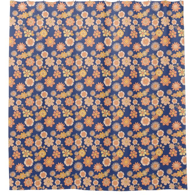 Flower pattern warm colour 11.wx4. DBlue BG Shower Curtain (Front)