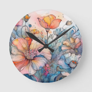 Flower Pattern Watercolor Round Clock
