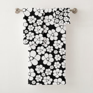 Flower Pattern - White on Black Bath Towel Set