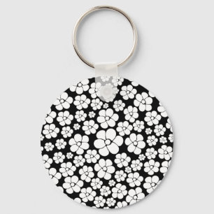 Flower Pattern - White on Black Key Ring