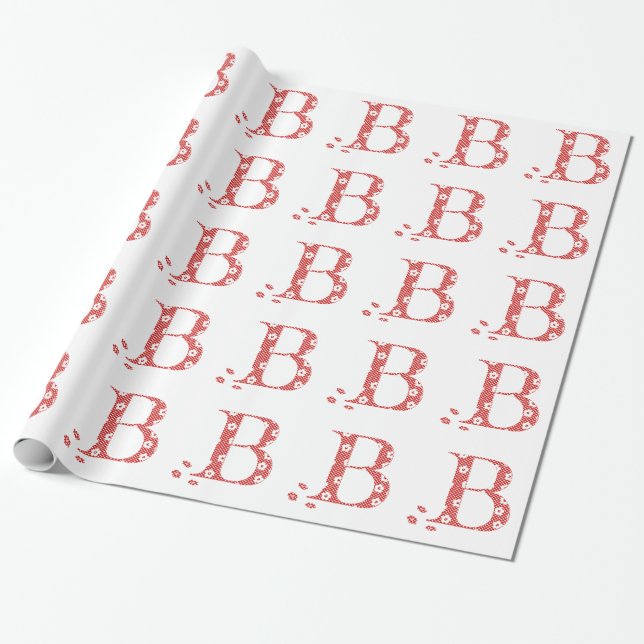 flower Patterned Letter B(red & dots) Wrapping Paper (Unrolled)