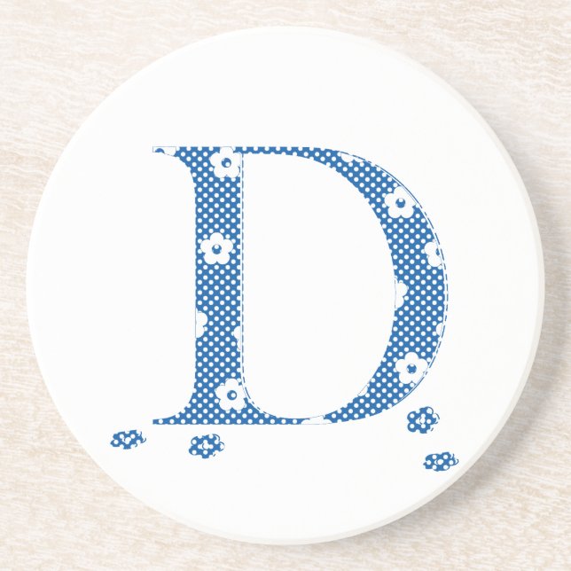 Flower Patterned Letter D (blue & dots) Coaster (Front)