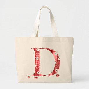 flower Patterned Letter D (red & dots) Large Tote Bag