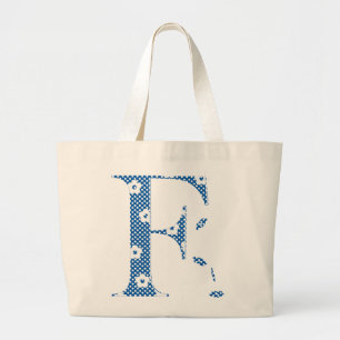 flower Patterned Letter F(blue & dots) Large Tote Bag